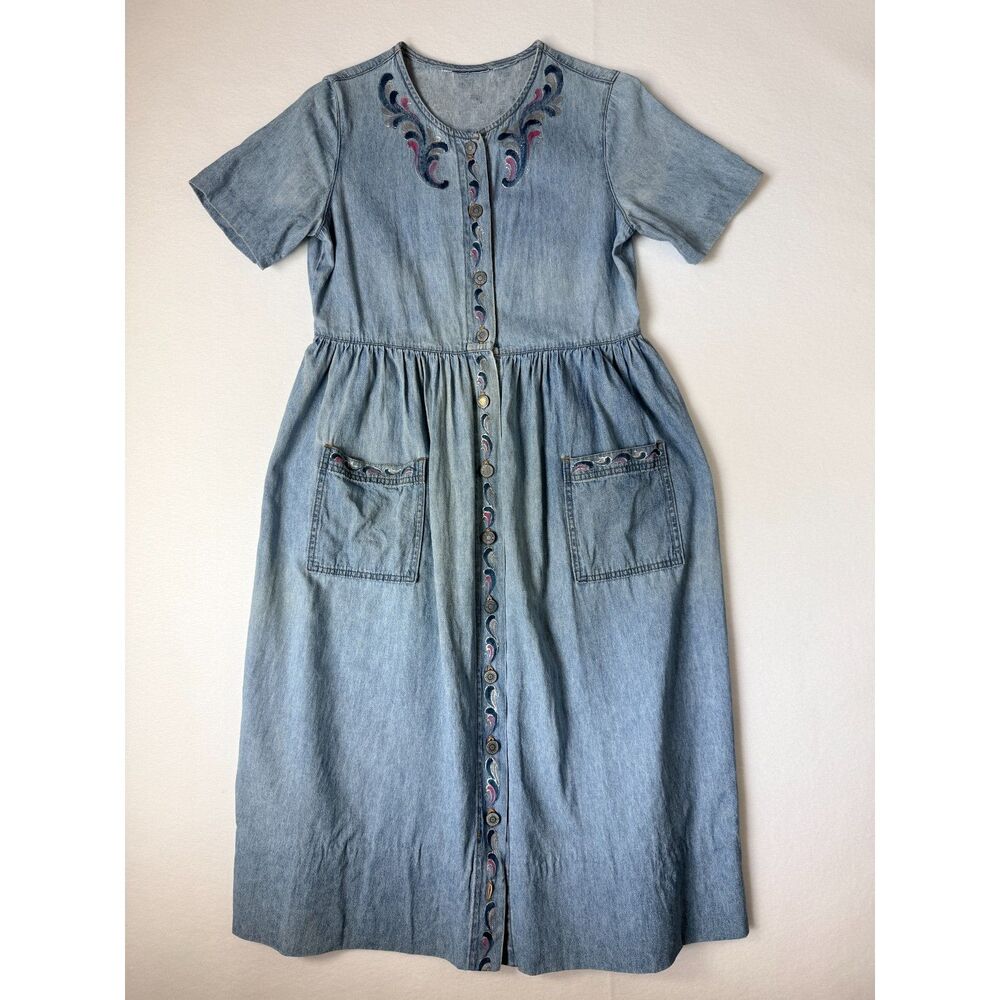 Bill Blass Vintage Denim Midi Dress Painted Scroll Button Front Pockets M